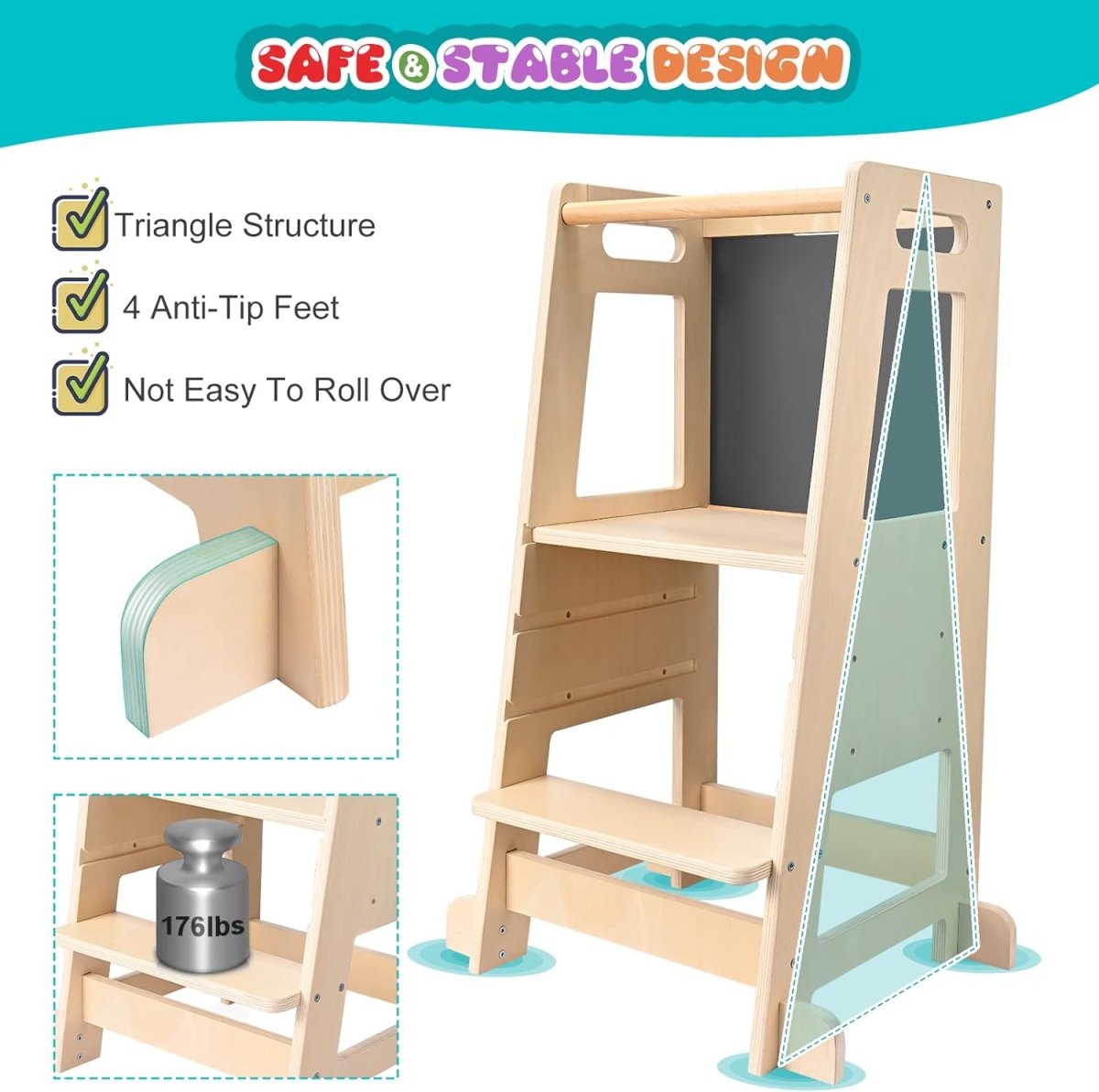 Tour d’apprentissage Montessori Hlieeosfcn : 3 hauteurs réglables et surface anti-dérapante – Image 3
